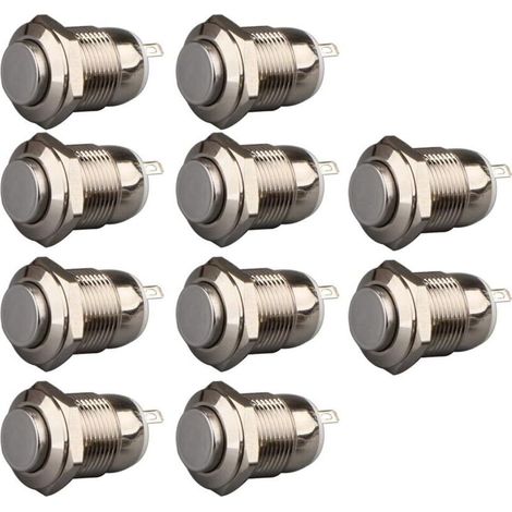 10pcs Momentané Bouton-Poussoir Étanche en Acier Inoxydable Bouton-Poussoir on Off 12mm 2A 12V/24V/125V/250V(Tête Haute) (1/5)