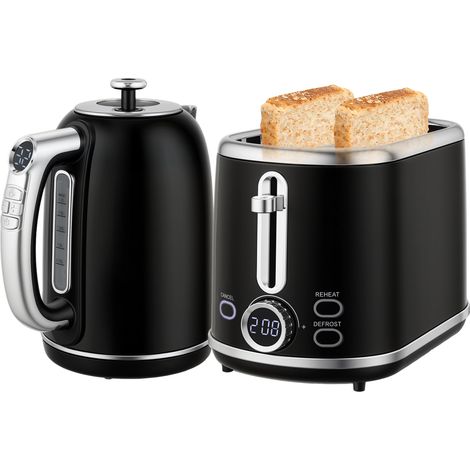 Wasserkocher- und Toaster-Set, 1,7-Liter-Edelstahlwasserkocher (2200 W), 2-Scheiben-Toaster, schwarz