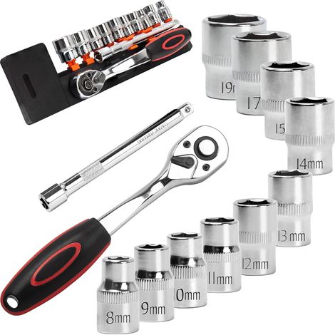 12 Pièces Jeu de Clés à Douille avec Cliquets 3/8" Inserts Hexagonaux 8mm - 19mm et Rallonge Cliquet Réversible 150mm en Cr-V Déclencheur Bouton Poussoir Pièces-Cliquet (1/5)