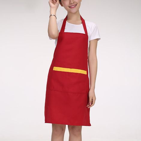 Tablier de cuisine unisexe réglable en polyester avec 2 poches pour chef, serveur, cuisine, restaurant, rouge (1/3)