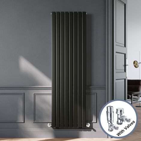 ELEGANT Black Designer Vertical Radiator Single Panel Rads 1800 x 544mm with Chrome Angled Thermostatic Radiator Valves (1/5)