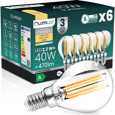 6 lampadine LED E14 a sfera P45 2,2 W 470 lm = 40 W 2700 K Luce calda Filamento 360° LUMILED CLASSE A