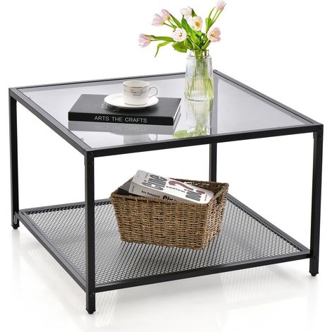 Modern Glass Top Coffee Table Home Square Center Table Accent Sofa Side Table