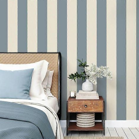 Papier peint à rayures bleues distinctives revêtement mural élégant motif à rayures classiques lavable rouleau de 10 m x 52 cm - Blanc Bleu (1/5)