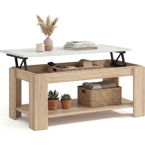 Mesa de centro elevable con almacenaje 102x43-54 cm Lya Roble Canadian - Blanco Artik (Blanco Mate) 50cm (ancho) x 54cm (alto)