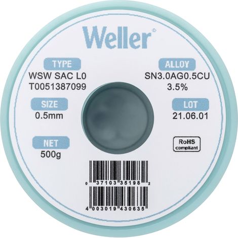 Étain à souder sans plomb Sn3,0Ag0,5Cu 0.5 mm Weller WSW SAC L0 bobine 500 g (1/5)