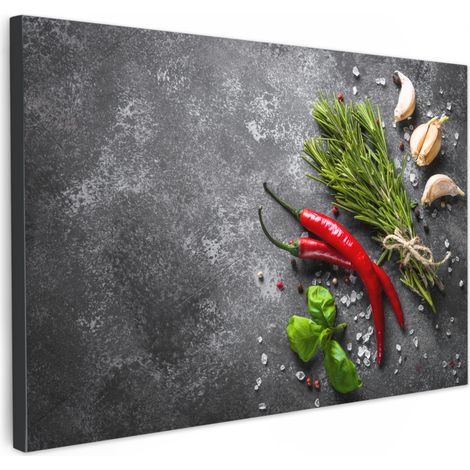 TABLEAU SUR TOILE Poivre - Herbes - Épices - Béton Tableau Cuisine Décoration murale 90x60 cm