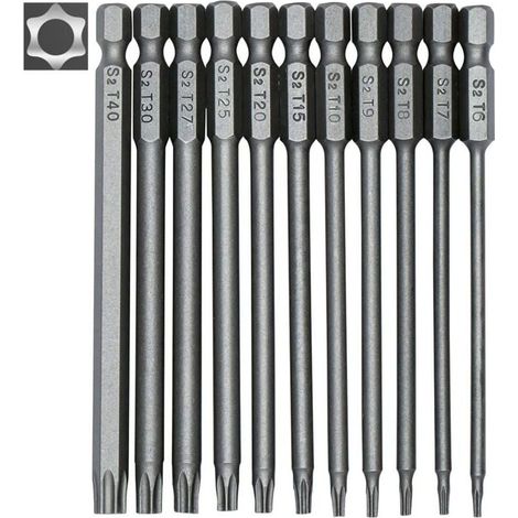 Jeu de 11 embouts longs Torx pour tournevis et visseuse électrique - Embouts magnétiques - Tige hexagonale de 1/4" - Tailles T6 à T40 - Longueur 100 mm (1/5)