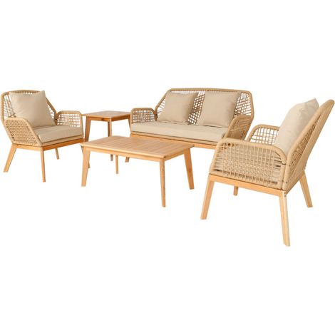 Conjunto de muebles de jardin de madera para 4 plazas con 2 mesas beige y de madera ROSARIO