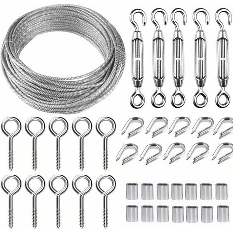 Vtizikl Kit de alambre de acero inoxidable de 30 m y 2 mm para colgar (con tensor y gancho M5) para escalada, vallas de jardín y tendederos.