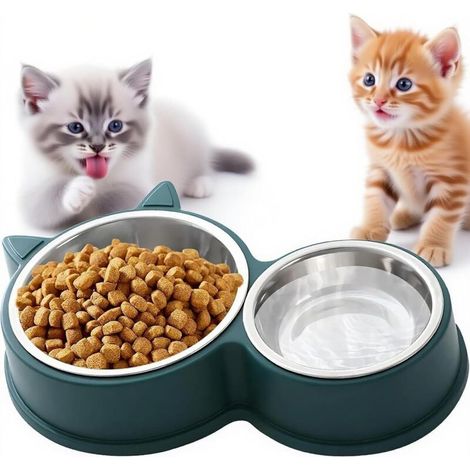 Ensemble de Bols Doubles pour Chats en Acier Inoxydable, Base antidérapante, Lavable au Lave-Vaisselle - pour Aliments secs et humides, Design en Forme de Chat Mignon (Vert) (1/5)