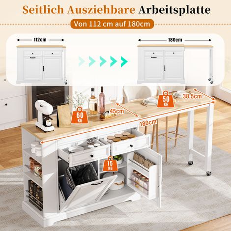 Îlot de cuisine roulant, table extensible avec compartiment poubelle et tiroirs, îlot mobile autoportant, parfait pour cuisine et salle à manger (Blanc) (1/5)