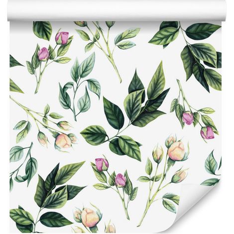 Papel pintado con ramas y rosas para salón y dormitorio, 50x1000 cm. (1/5)