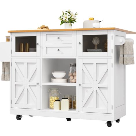 Kücheninsel, Esszimmerwagen mit Arbeitsplatte, Buffetschrank, Esszimmerwagen mit Holzmaserung, seitlicher Handtuchhalter, dreidimensionale Schranktüren mit Rollen, verstellbare Trennwände, weiß