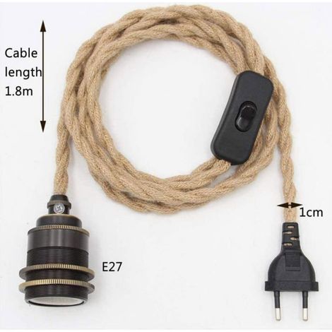 En corde de chanvre Vintage avec prise interrupteur DIY Tête unique suspendue Cable de lumière Corde E27 Prise Textile (Bronze) (1/4)