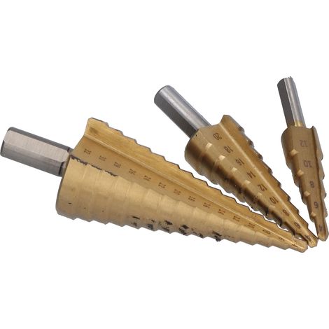 Coffret de 3 forets étagés à queue triangulaire en acier rapide, avec étui en aluminium. (1/5)