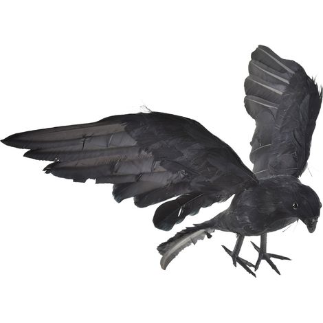 Corbeau réaliste à plumes (ailes déployées) 32 x 46 x 7 cm – Décoration pour fête d'Halloween et accessoire photo (1/5)