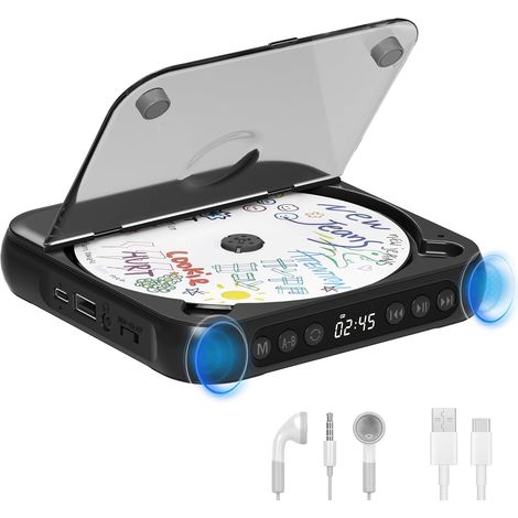 Reproductor de CD portátil Bluetooth con altavoces HiFi, pantalla LCD, compatible con CD/AUX/USB/repetición, color negro.