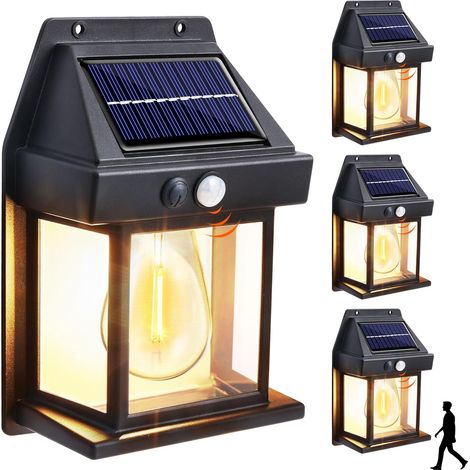 Luz Solar Exterior Jardin, 4 Packs Farolas Solares Exterior con Sensor de Movimiento, 3 Modos Aplique Solar de Tungsteno Impermeable IP65 para Garaje Jardín Patio Caminos, Blanco Cálido (1/4)