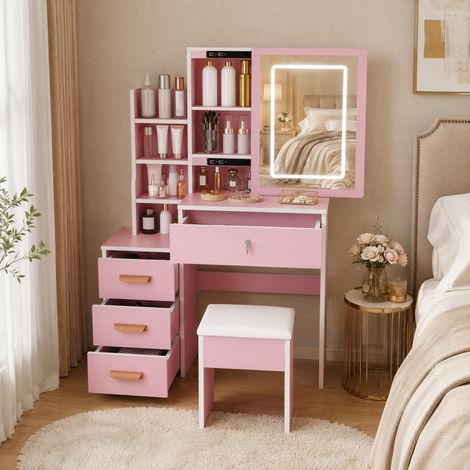 Schminktisch mit beleuchtetem Spiegel, 4 Schubladen, 85 x 130 x 36 cm, MDF, Rosa, OKMYHOME (1/5)