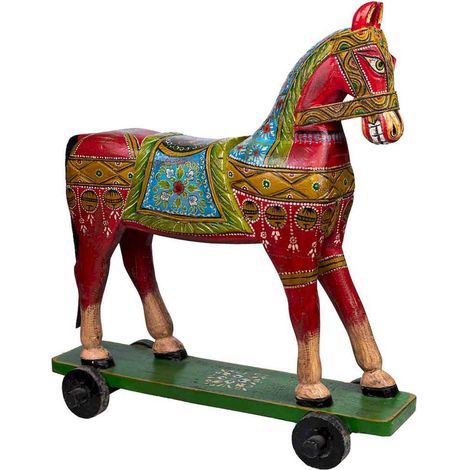 cheval décoratif en bois de manguier peint à la main - rouge peint à la main multicolore