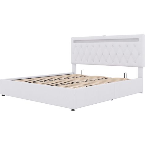 Polsterbett 180x200 cm aus Leinen in Weiß mit LED, USB/USB-C und Hydraulik MODENUIT (1/5)