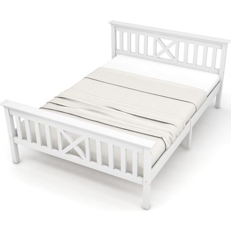 Lit double 140x200 cm en bois avec tête de lit en X, sommier à lattes intégré, structure blanche avec rangement possible sous le lit – CHICFURN (1/5)