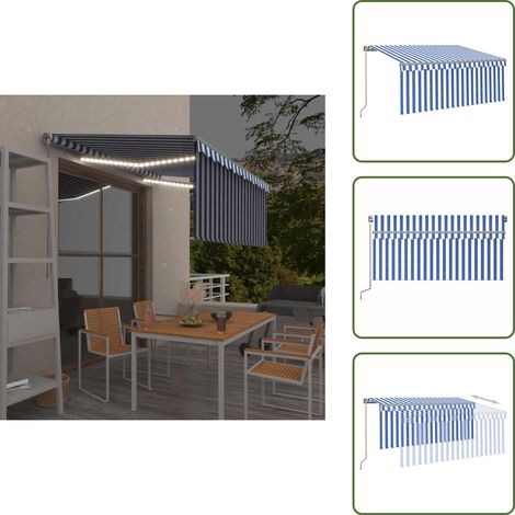 The Living Store Auvent rétractable manuel avec store LED 3,5x2,5m Bleu et blanc - Auvent Retractable - Parasol - Abri Extérieur - Protection Soleil - Intimité Jardin (1/5)