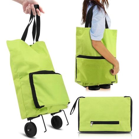Chariot de courses 3-en-1 – 47 x 18 x 28 cm – Vert – Sac bandoulière et à roues – Pliable – Résistant aux intempéries (1/5)