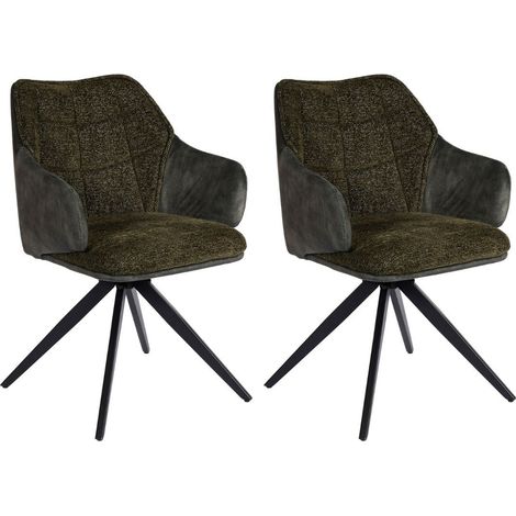 Lot de 2 fauteuils de table pivotants tissu double texture vert foncé pieds métal noir - MIKAELA