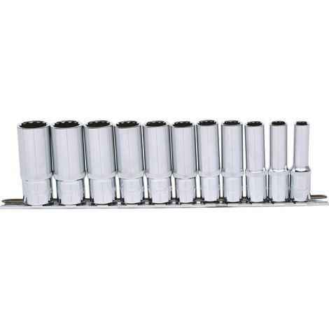 Kstools – Jeu de douilles 3/8' 11 pcs longues 8-19 mm – Acier chromé vanadium – Profil FlankTraction – Rail de rangement inclus (1/4)