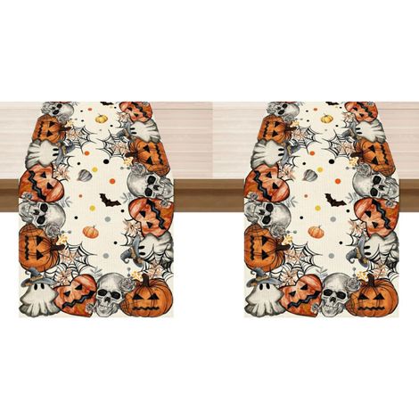 Camino de mesa con esqueleto fantasma para Halloween (33 x 183 cm). Decoración elegante y espeluznante para el hogar con calabazas y motivos de calabazas (2 piezas). (1/4)