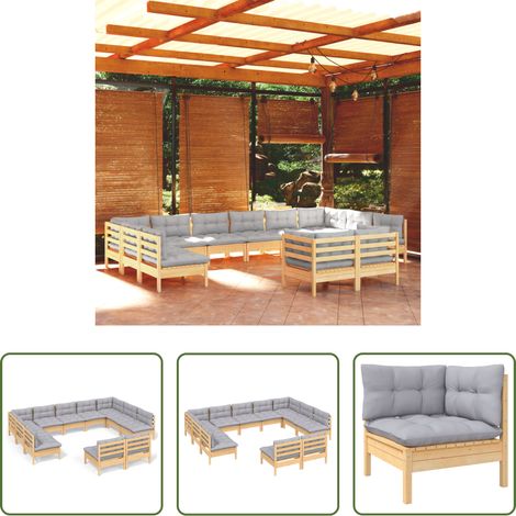 Terrassensofa - 11-tlg. Garten-Lounge-Set mit Grauen Kissen Kiefer Massivholz (1/5)