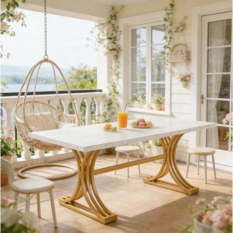 Table à manger en marbre synthétique et métal blanc et or 160x80 cm pour 4 à 6 personnes (1/5)
