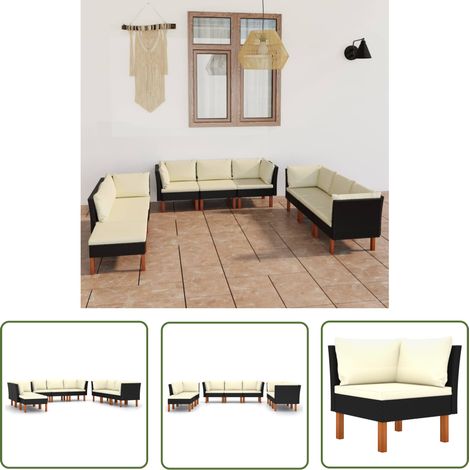 INLIFE Salon de jardin 9 pcs avec coussins Résine tressée Noir (1/5)