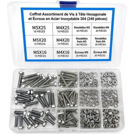 Coffret 240 pièces vis et écrous M5 6-25 acier inoxydable 304 240 m5 17 × 10 × 202 cm 305 g – Livraison gratuite