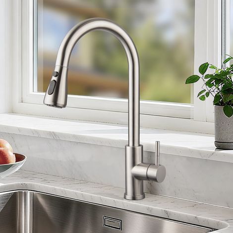 Mitigeur de cuisine avec douchette extractible, 3 jets, robinet pivotant à 360°, bec haut pratique, en acier inoxydable, commande unique, idéal pour évier de cuisine (1/4)