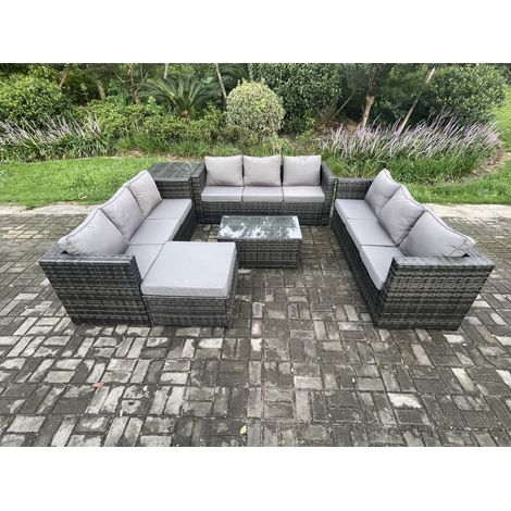 Fimous 10-Sitzer Lounge Sofa Set Wicker PE Rattan Gartenmöbel Set mit Länglichem Couchtisch Beistelltisch Großer Fußhocker Dunkelgrau Gemischt