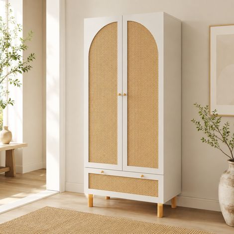 Armario ropero 180,5x85,5x52 cm blanco con ratán, 2 puertas, cajón grande y barra para colgar (1/5)