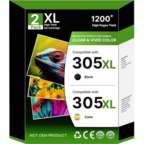 305 XL Cartouche 305 Compatible pour Cartouche HP 305 XL pour HP Deskjet 2720e 2722e 2810e 2820e 2823e 4120e 4220e 2720 4120 pour Envy 6420e 6430e 6032e 6030e 6020 (305XL Noir, Couleur 2-Pack) (1/5)
