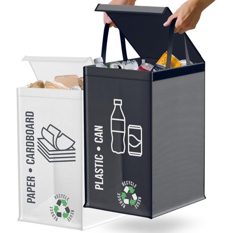 Poubelle tri selectif 2 bacs 50L - Sac tri selectif pour Le Plastique et Le Papier - Flexible Poubelle de tri avec poignée - Bac de tri pour déchets et Recyclage (1/5)
