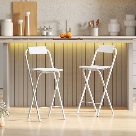 Lot de 2 tabourets blanc de bar pliants avec dossier, repose-pieds et cadre en acier pour le comptoir de la salle à manger
