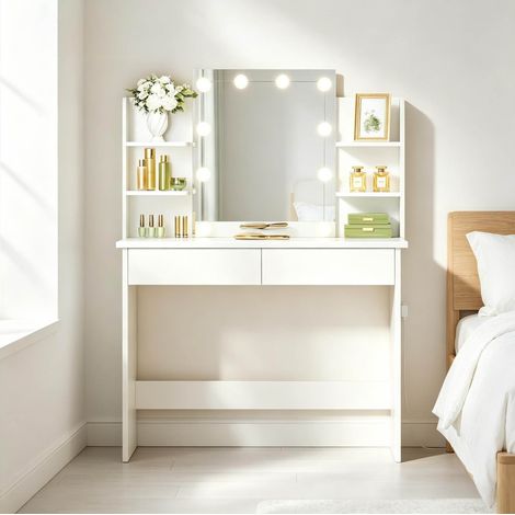 Tavolo trucco 90/40/135 cm bianco con specchio LED e cassetti (1/5)