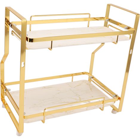 Étagère de rangement murale d'angle pour salle de bain, salon, chambre, cuisine, blanche et dorée, 2 niveaux (1/5)