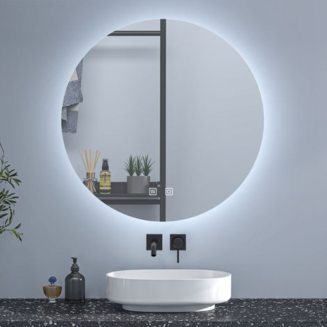 SKY 70cm Bathroom Round Anti-Fog Mirror with Touch Switch,Adjustable 3 Colour LED Light,Memory Function,Illuminated Vanity Round Mirror (1/5)