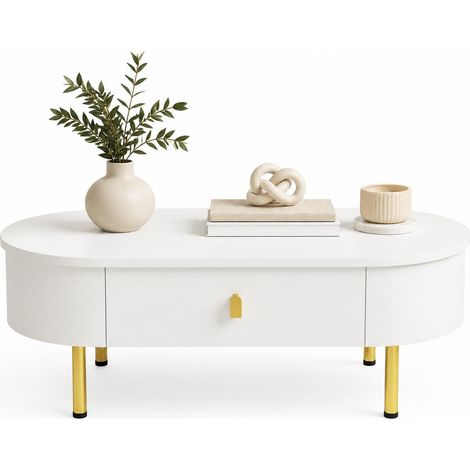 Tavolino 108x50x40 cm in MDF bianco e oro con 2 cassetti, angoli arrotondati - CHICFURN (1/5)