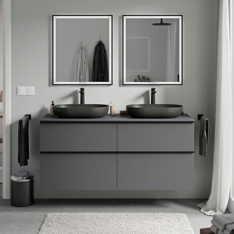 BERNSTEIN - Mueble lavabo suspendido MDF antracita mate, encimera de lavabo antracita mate, tirador cromado 140x46x62cm - LAVOA antracita mate, cromo, antracita mate