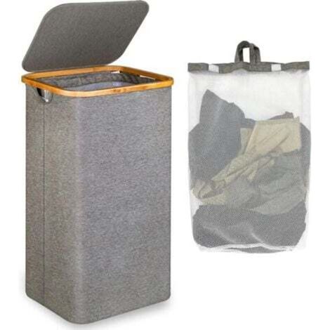 Grand Panier à Linge avec Couvercle, 100L Grand panier linge sale avec Poignées en Bambou pour Vêtements, bac a linge laundry basket Pliable Grand XXL Pliable avec Sac Intérieur Gris
