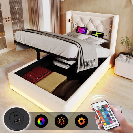 Lit de rangement hydraulique en coton beige 90  200 cm, tête rembourrée avec fonction de chargement USB Type-C, fonction LED 3 côtés (sans matelas) (1/5)