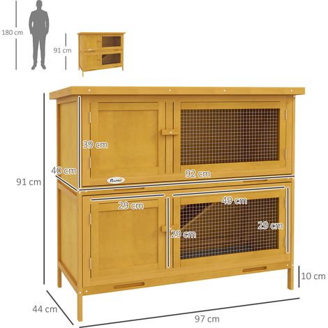 Cage à lapin à deux niveaux en épicéa et asphalte, avec rampe, deux tiroirs amovibles, quatre portes, 97x44x91cm, jaune. (1/5)
